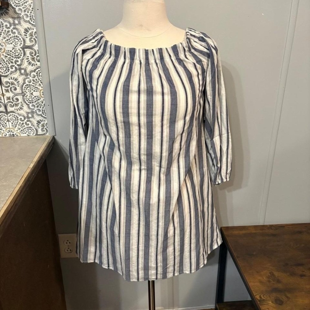 NWT Wrapper Navy Blue White Striped Off-Shoulder Dress‎ Blouse (Women's Small)